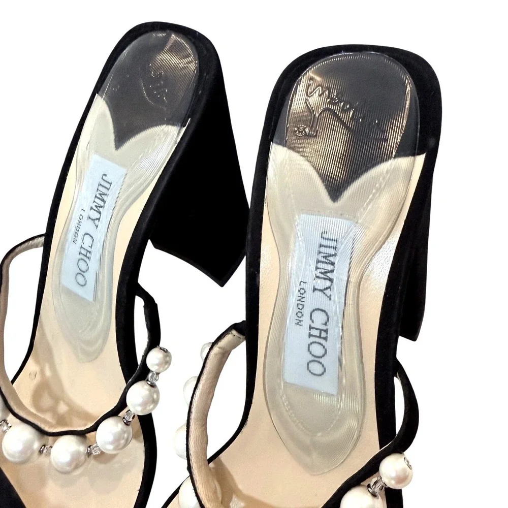 Jimmy Choo Sandals Amara 85 Black Suede Pearl  Block Heel‎ Size 40/US 10